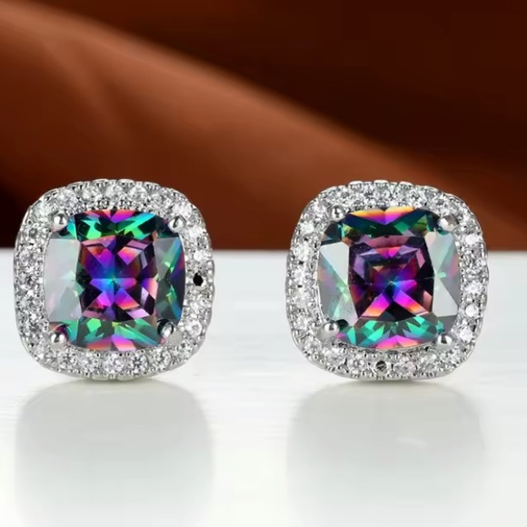 18k White Gold Plated & Mystic Topaz Stud Earrings - Picture 2 of 5
